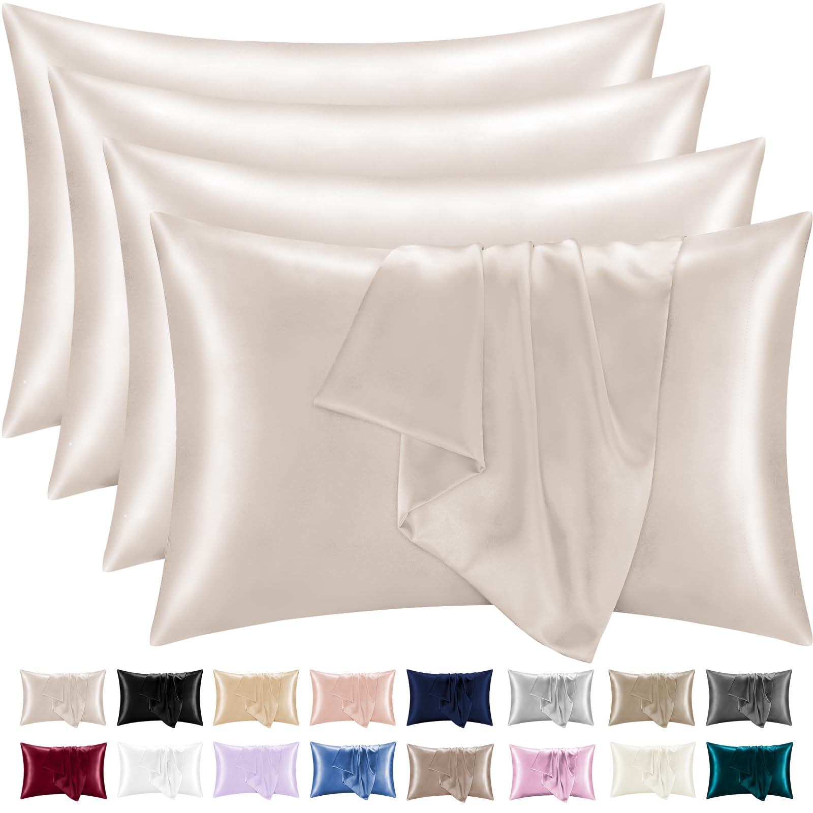 Lazzaro Satin Silk Pillowcases for Hair and Skin, Hypoallergenic Silk Pillow Cases 4 Pack with Envelope Closure
