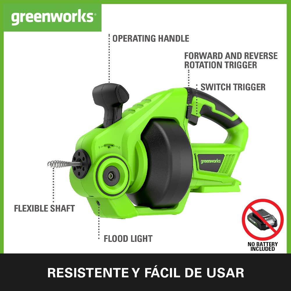Greenworks G24DA Desatascador eléctrico Inalámbrico 550 rpm, Diámetro de la Tubería 2.5-5cm, Desatascador de Acero Inoxidable de 7.5m SIN Batería de 24V y Cargador, Garantía de 3 Años
