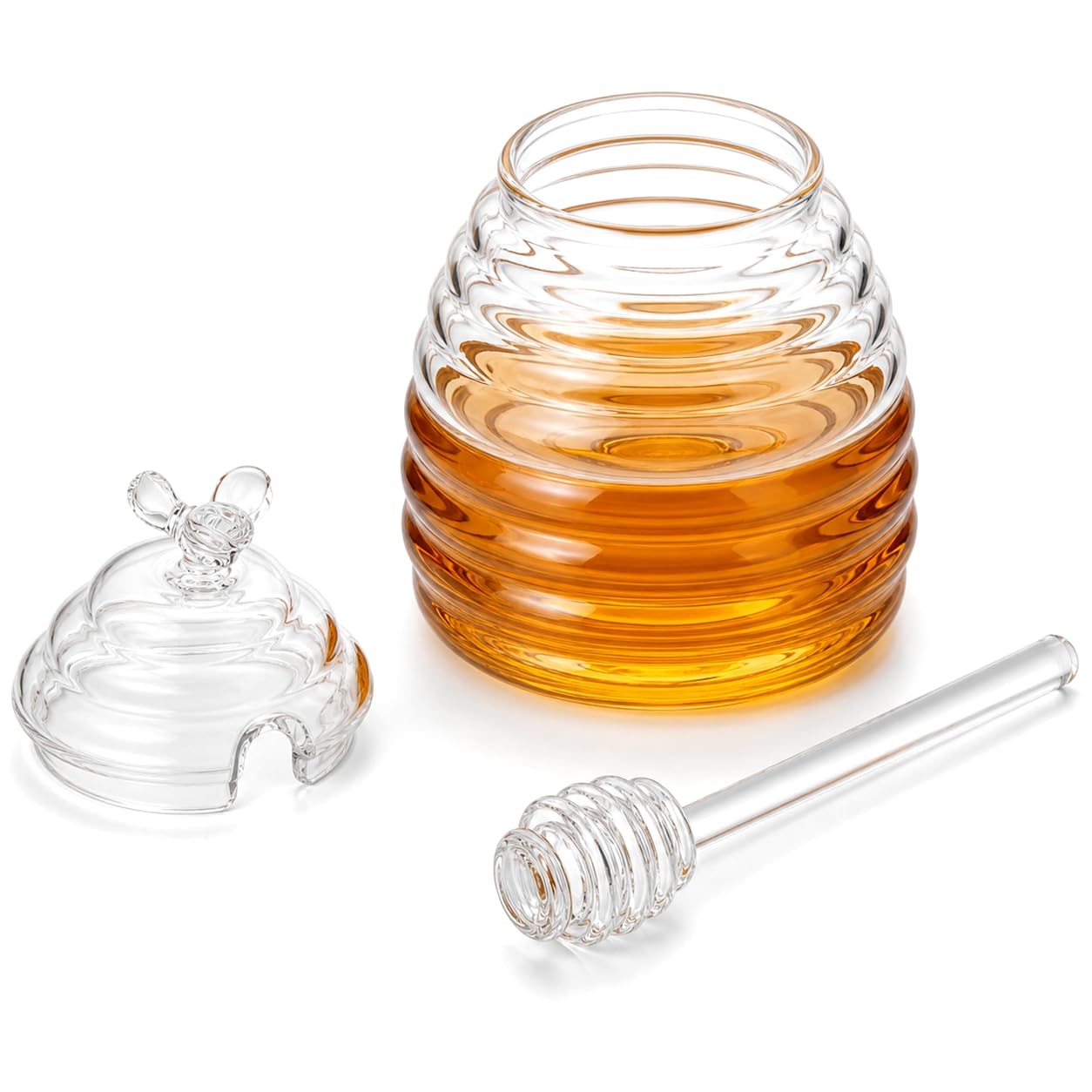 QWORK Glass Honey Jar with Dipper and Lid, 15.5 Oz Borosilicate Honey Pot, Clear Syrup Container with Side Dipper Slot for Tea, Toast, Kitchen Table