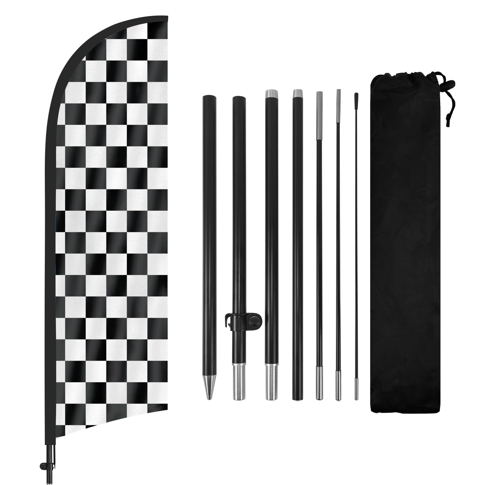 Checkered Feather Flags Banner, Checkered Swooper Flags with Poles and Ground Stake, 8FT Checkered Feather Flags Sign for Outside Business (Black and White)