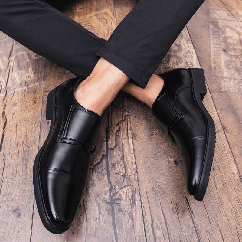TAYGUM Formal Shoes Dress Oxford for Men Slip On Round Burnished Toe Double Monk Strap Cap Toe Oxford Shoes Non Slip Block Heel Low Top Slip Resistant(Black,9)3