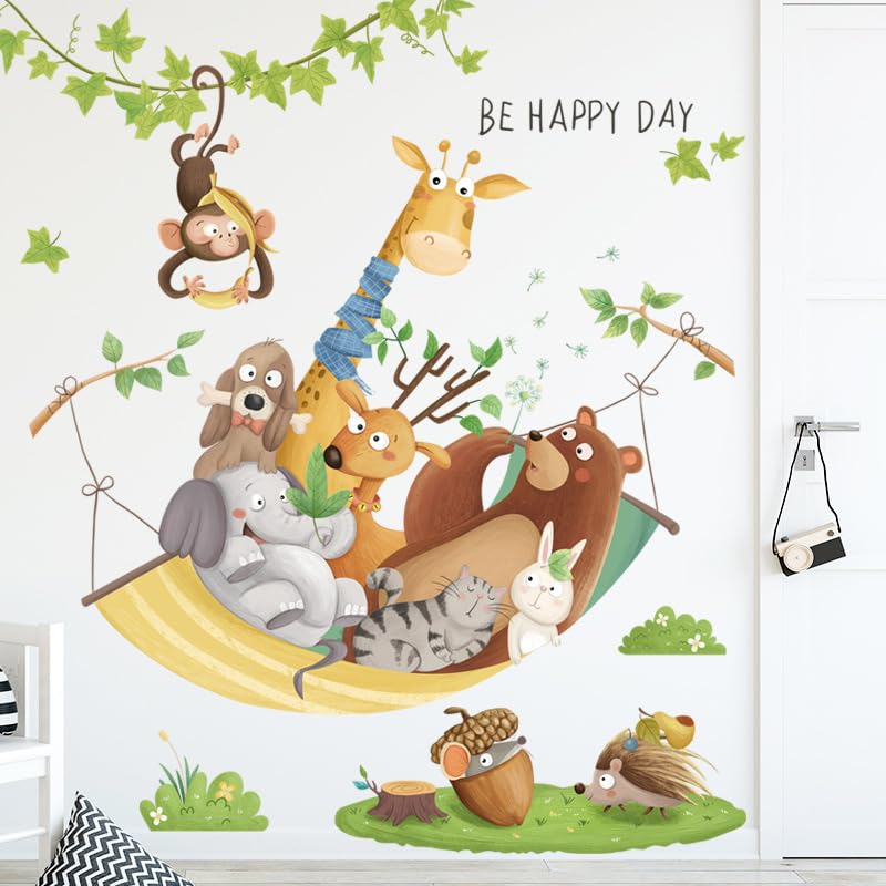 Vinyl Animal Hanging Basket Wall Decals Giraffe Lion Monkey Bear Rabbit Cat Dog Deer Peel and Stick Wall Stickers Bedroom Living Room TV Wall Door Murals (Animal Hanging Basket) 60 x 1 cm