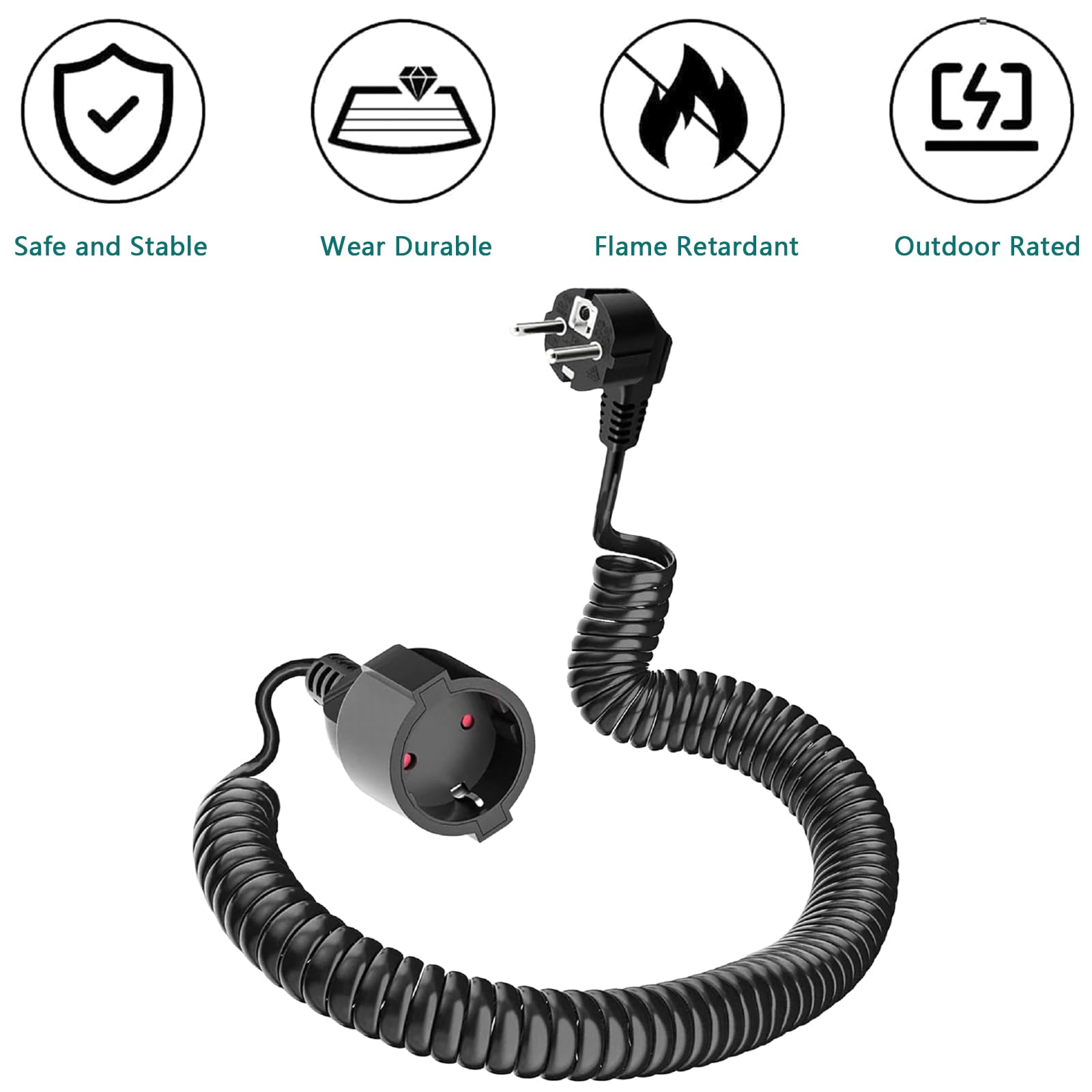 Rallonge Spiralée Schuko à Contact de Protection, Câble Extensible 0,9 m à 5 m Max, IP20 (230 V/16 A), 3 x 1,0 mm², Noir