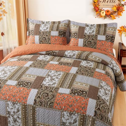 BEDIFANY Cotton California King Size Quilt for Farmhouse- Fall Patchwork Bedspread Set - Highly-Woven Soft Reversible Oversized King Size Coverlet for All Seasons (Floral Orange) 3 Pieces