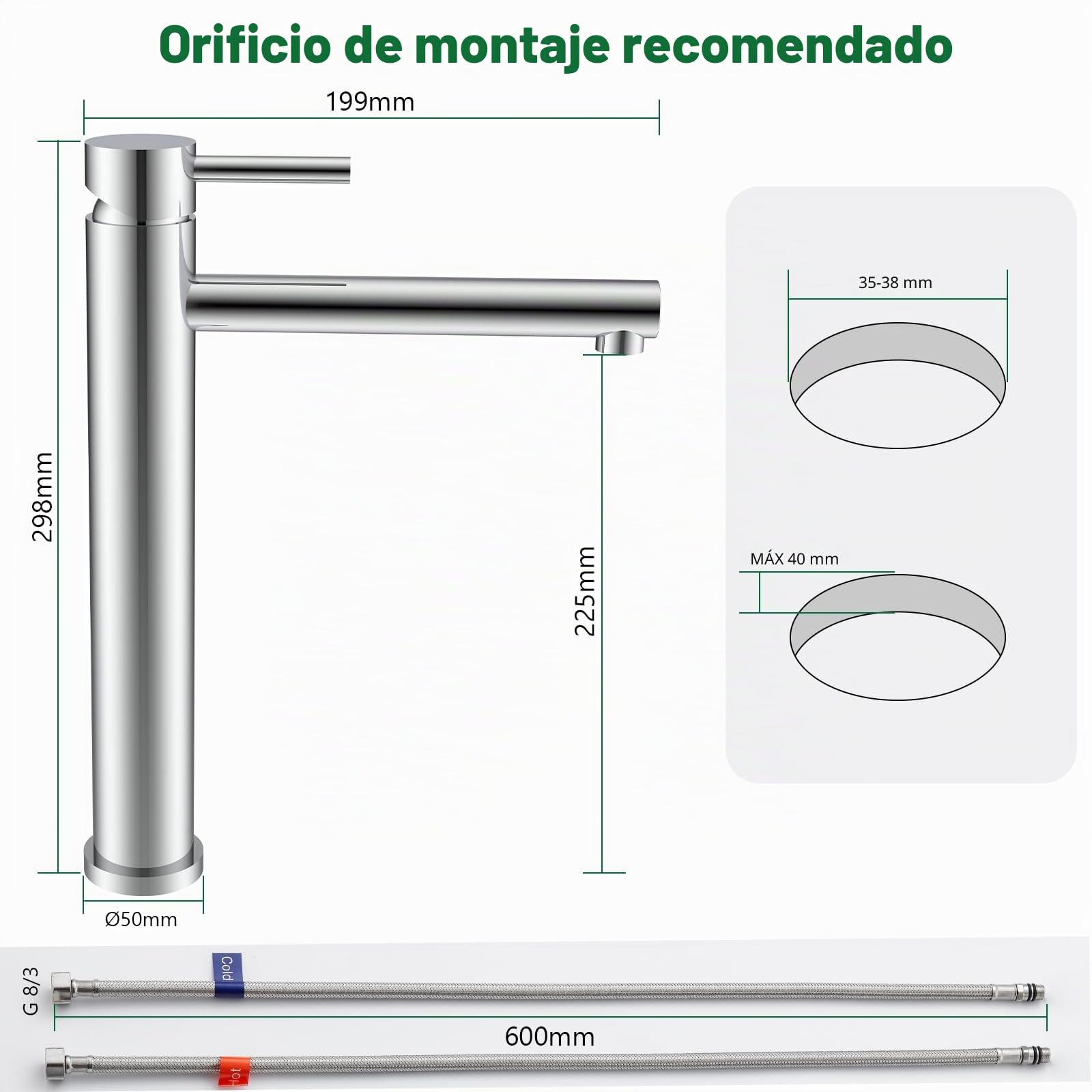 Grifo Cromado para Baño Alto, Grifo Monomando para Lavabo, Grifo de Lavabo con Caño de 225mm de Altura, Grifería de Acero Inoxidable con Núcleo de Válvula Cerámica Silenciosa