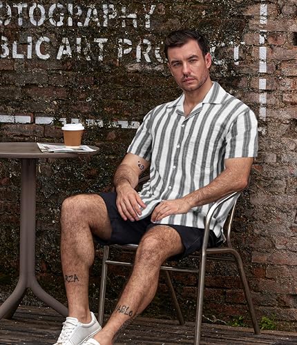 Image of VATPAVE Mens Striped Summer Shirt Casual Button Down Short Sleeve Beach Shirts Cotton Shirts for Men