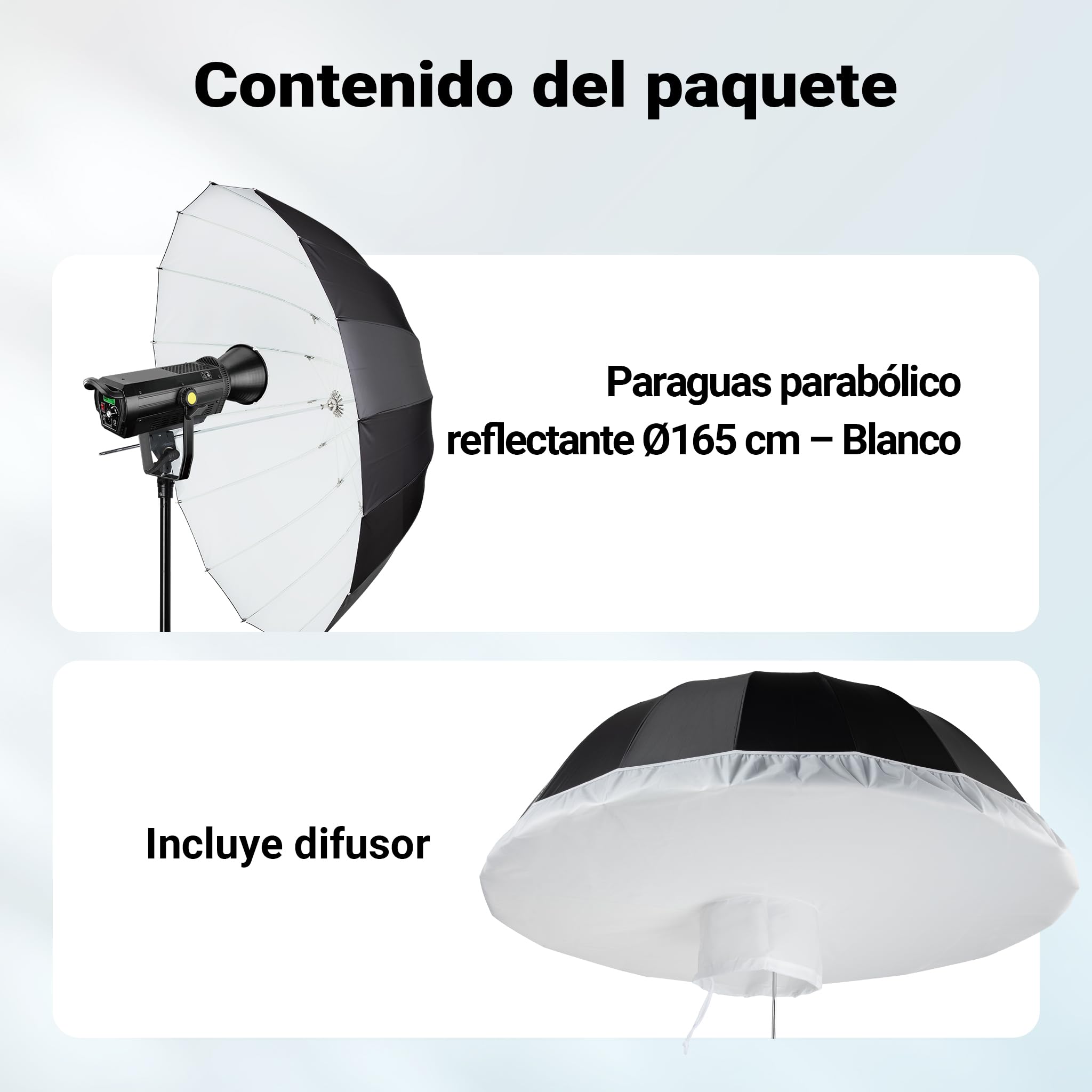 Walimex pro Parasol fotográfico parabólico Negro/Blanco Ø 165 cm + difusor – Set de modeladores de luz para fotografía y videografía