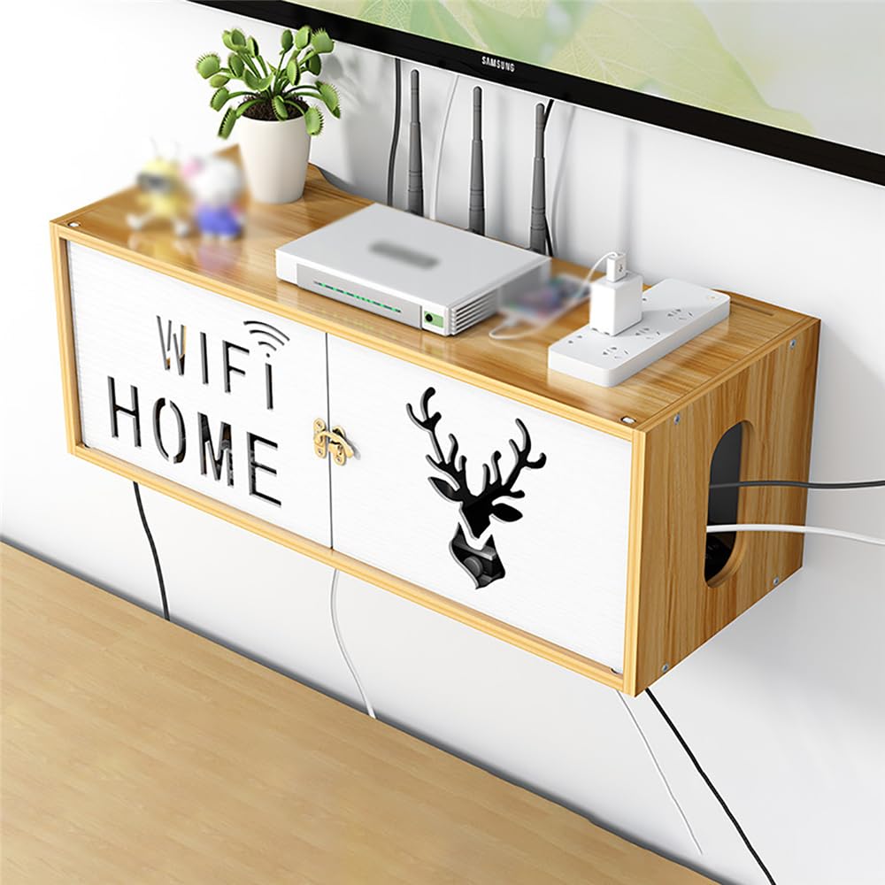 Caja de gestión de cables Estante de almacenamiento enrutador WIFI ciervo madera cerezo decodificador TV refugio montado en la pared cable placa alimentación soporte organizador estante