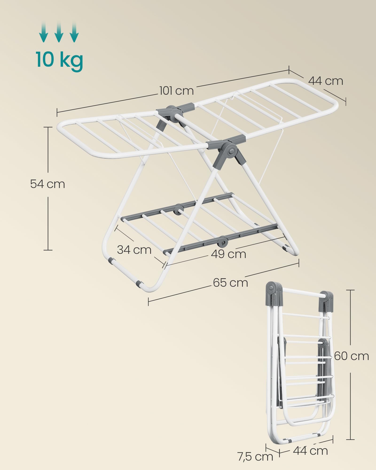 SONGMICS Suszarka na pranie, składana, stojąca suszarka z 2 skrzydłami, zajmuje mało miejsca, metalowa, na małe ubrania, ręczniki, łazienka, balkon, 44 x 101 x 54 cm, biała chmurka LLR504W01