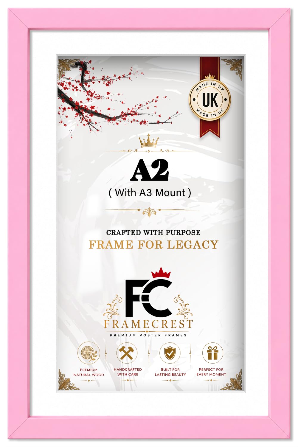 FRAMECREST LTD - Contemporary A2 (41.90 X 59.40 CM) Frame With A3 (29.70 X 41.90 CM) White Mount For Artwork And Photos, A2 Picture Frame Pink For Gallery Walls, Portrait And Landscape - [Pink]