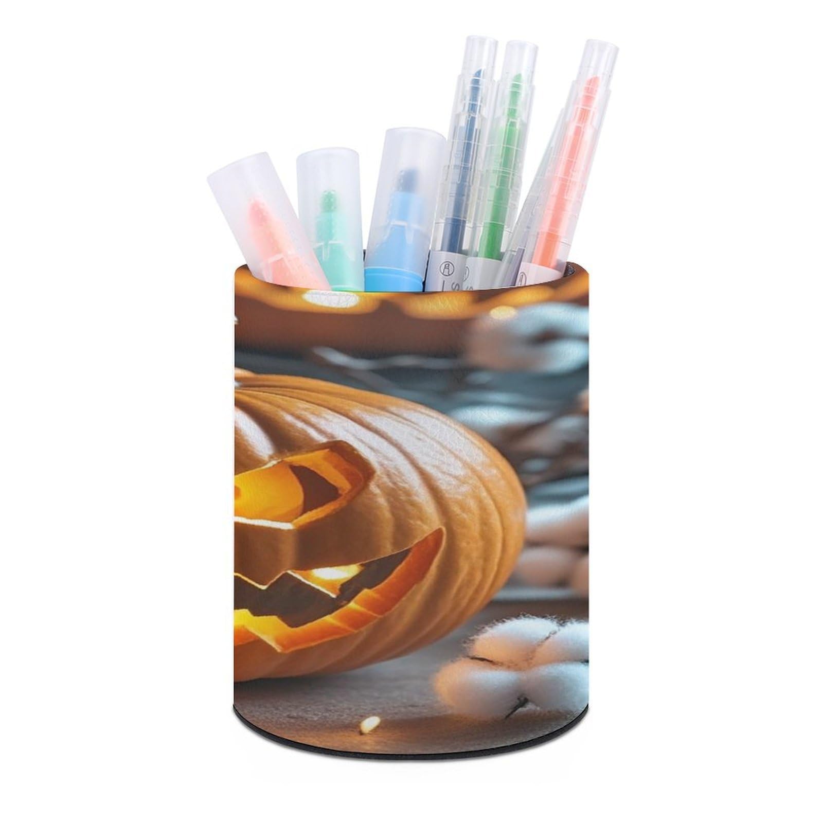 FekiLoot Pumpkin Lantern Pen Holder Cup Fashion PU Leather Pencil Cup Minimalist Pen Organizer Round Pencil Holder Stand Work Locker Accessories for Decoration Desk Office Home
