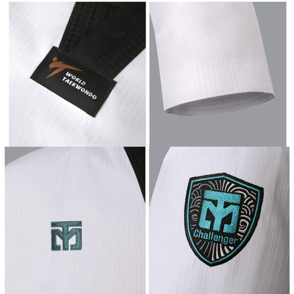 MOOTO Korea Taekwondo-Challenger-Uniform (schwarz, weiß, V-Ausschnitt), Kampfsport, Karate, Hapkido, Team-Demonstration, Fitnessstudio