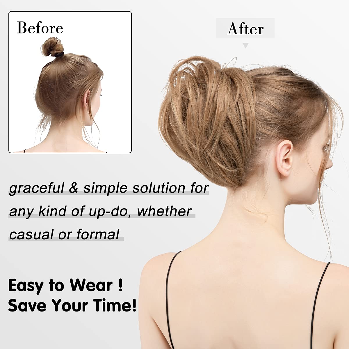 Piezas de Pelo de Moño Para mujer Moños de pelo liso, pieza de cabello sintético, moño desordenado, Scrunchies con banda de goma elástica, extensión de moño Updo, postizos de cola de caballo for mujer