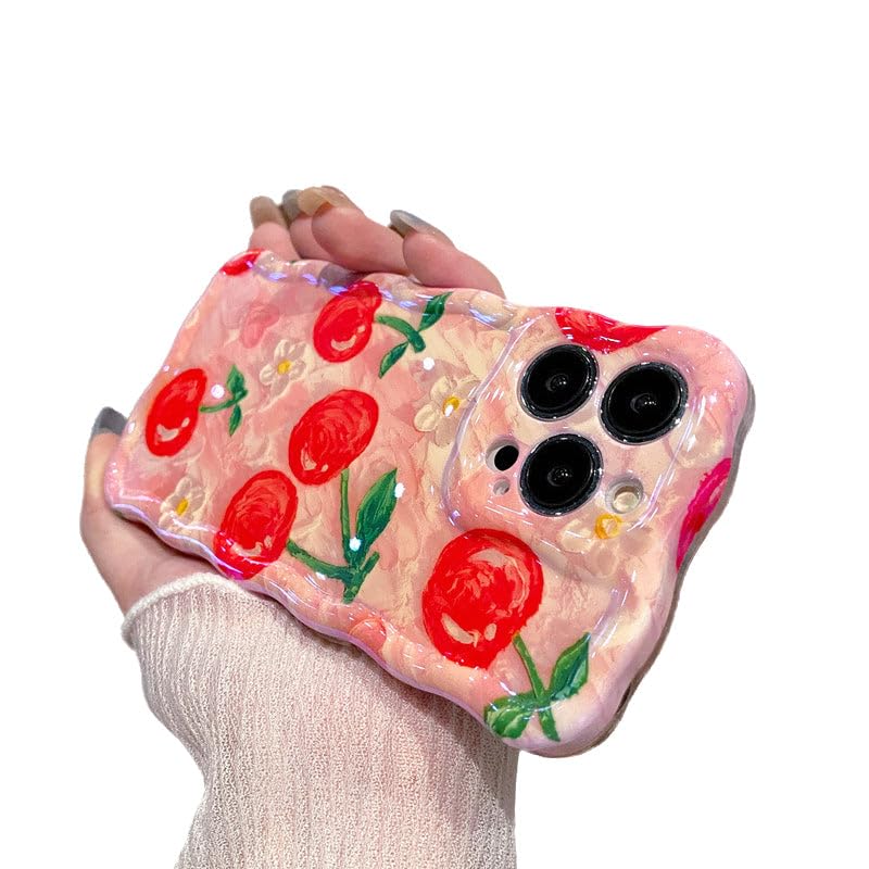 Caseativefor iPhone 12 Pro Max Case,Curly Wavy Frame Cherry Strawberry Flower Floral Print Compatible with iPhone Case (Cherry,iPhone 12 Pro Max)