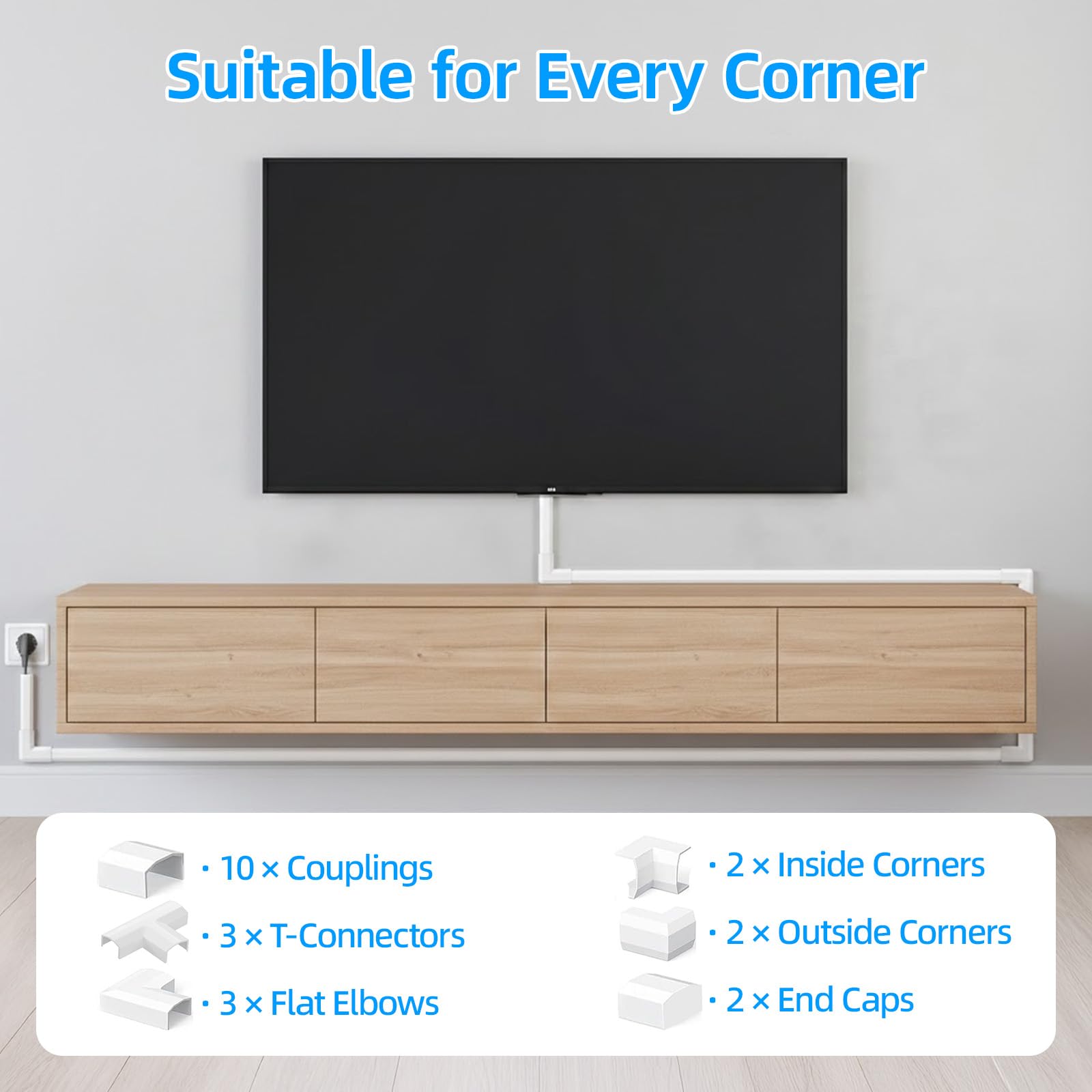 Carehabi Canaleta Cables Pared Adhesivo 4,8m (15x9mm,0,4mx12pcs), Organizador de Cables y Canaletas para Cables, Cubre Cables Pared Autoadhesivo para TV y Despacho, Blanco — view 3