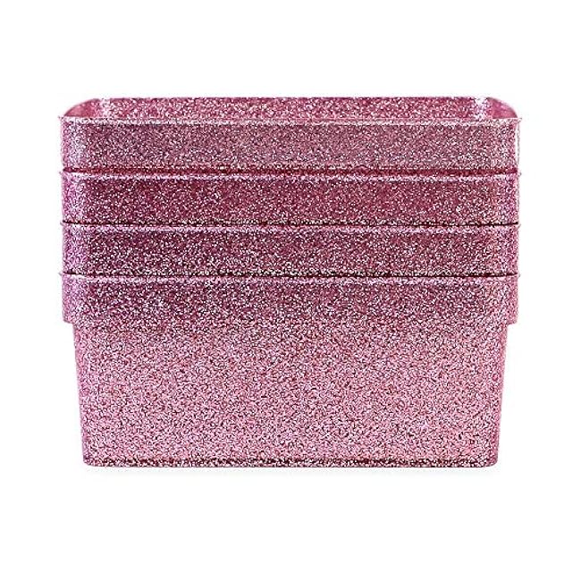 Isaac Jacobs Small Glitter Storage Bin (10¡± x 7.5¡± x 4.25¡±) Set w/Cut-Out Handles, Plastic Organizer, Multi-Functional, Home Storage Solution, Kids Playroom, Bedroom, Closet (4, Pink)