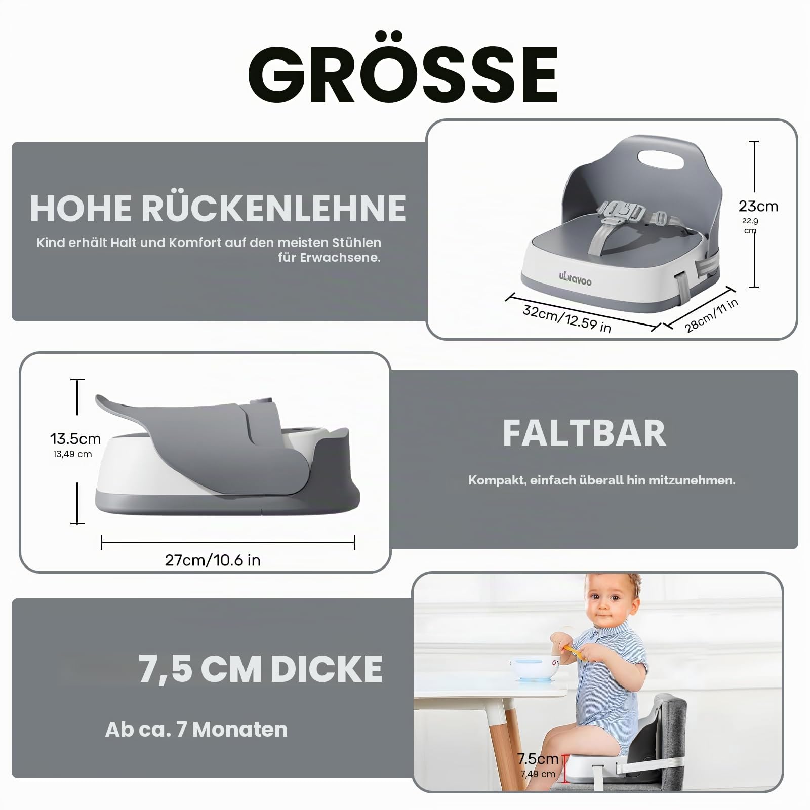 UBRAVOO Tragbarer Sitzerhöhung Kind zum Essen, Reisehochstuhl mit 3-Punkt-Gurt, waschbarer Baby-Essstuhl ab 6 Monaten (Grey)