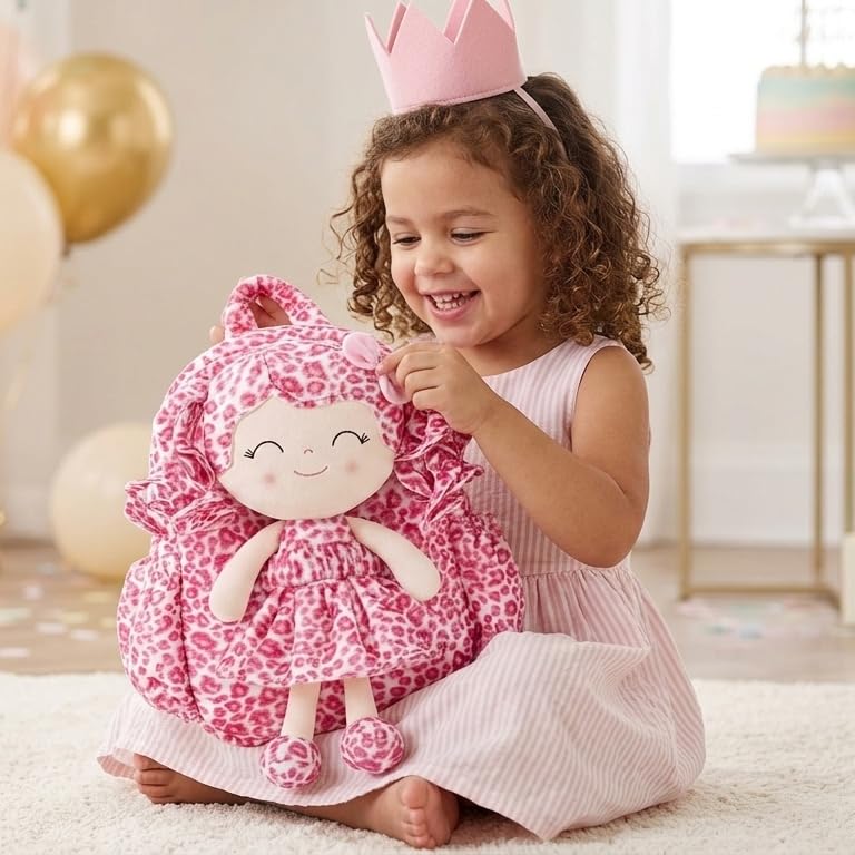 Image of Gloveleya Toddler Backpack Baby Girl Gifts Curly Hair Plush Doll Dress Backpack Kids Backpack Curly Hair Animal Edition - Pink and White Leopard 11''