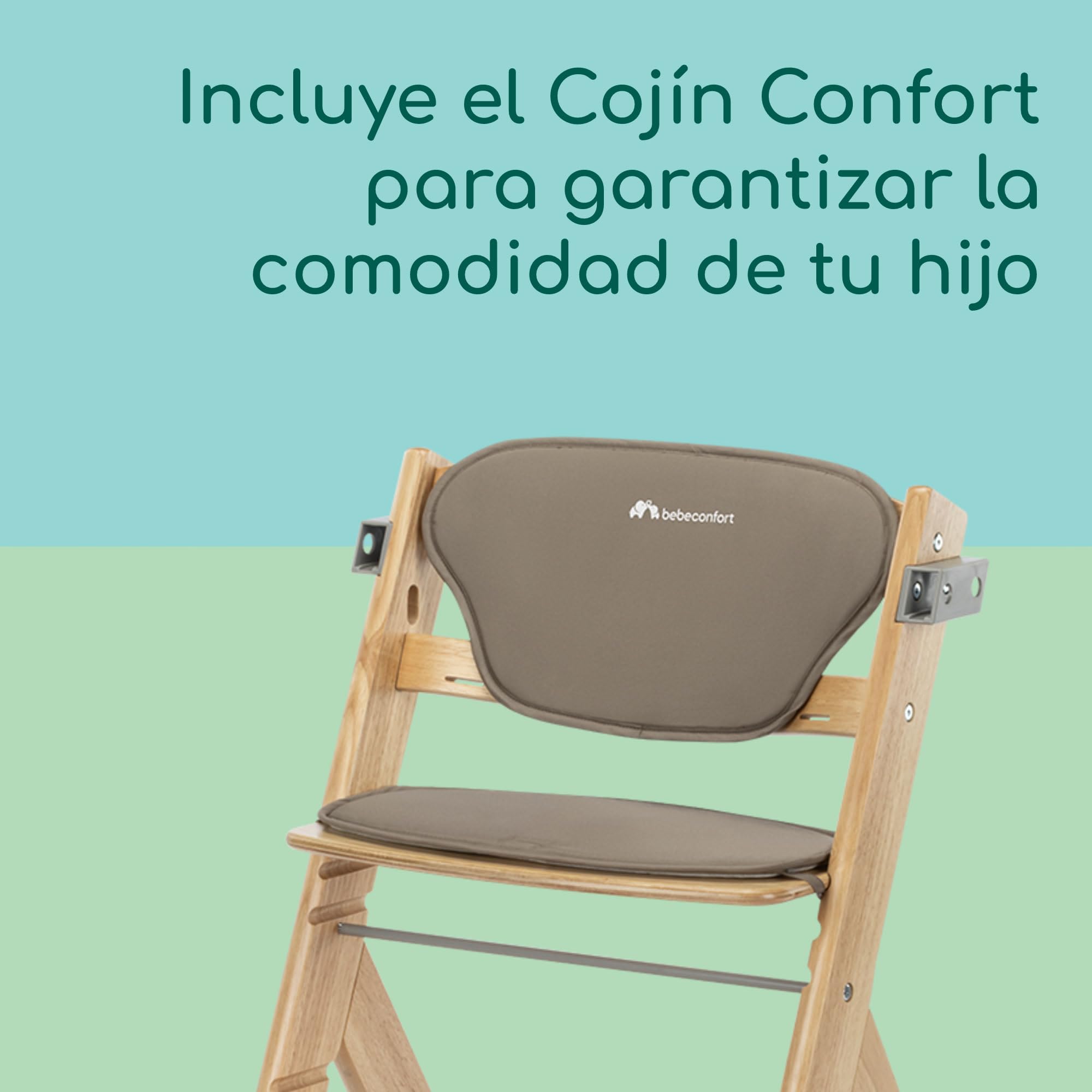 Bebeconfort Timba 2 con Cojín, Trona Bebé Evolutiva, Desde 6 meses hasta 110 kg, Silla Trona Bebé Comedor Ergonómica, Apta Todo Tipo Mesas, Bandeja Extraíble, Con Arnés, Natural Wood (Madera)+Beige