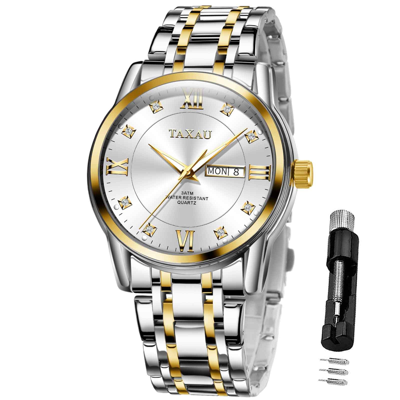 Taxau Mens Watch Fashion Nice Luxury Watches for Men Mens Dress Watch with Day Date Waterproof Stainless Steel Men Watch Analog Quartz Mens Wrist Watches Big Dial Mens Watches, 8401-silver gold and (B0CSG2LTNM) Amazon Price History, Amazon Price Tracker