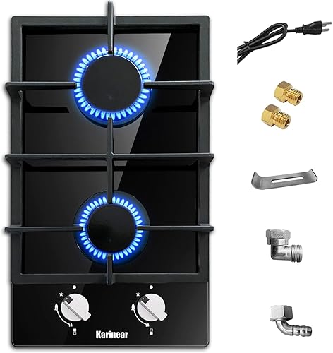Karinear Estufa de gas de vidrio templado, estufa de gas de 12 pulgadas, 2 quemadores, placa de gas incorporada adecuada para combustible dual