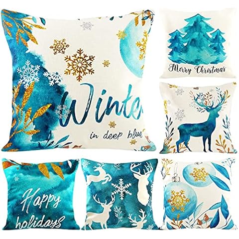 Christmas Cushion Covers Set of 6 45 x 45, Snowflake Xmas Pillow Cases, Elk X-mas Tree Printed Pillow Covers for Winter Home Decoration (Christmas Blue) Cover
