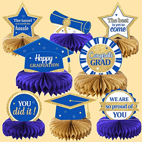 2022 Graduation Party Decorations Class of 2022 Congrats Grad Honeycomb Centerpieces Congratulate Graduation Table Toppers for Graduation Party Favor Supplies Blue Gold 8Pcs