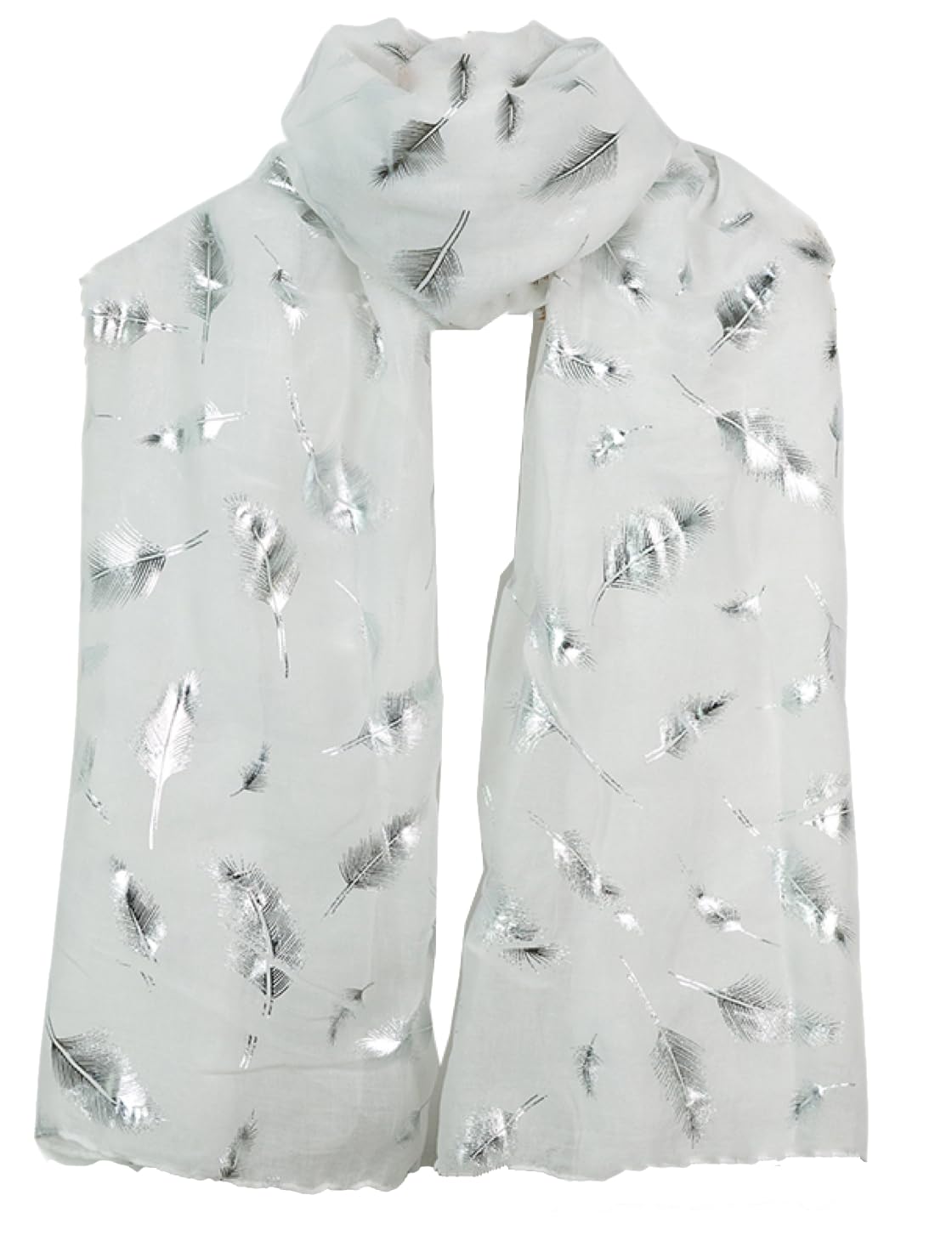 World Of Shawls Women's Feather White New Glitter Foil Sparkle Print Scarf Scarves (Feather White)