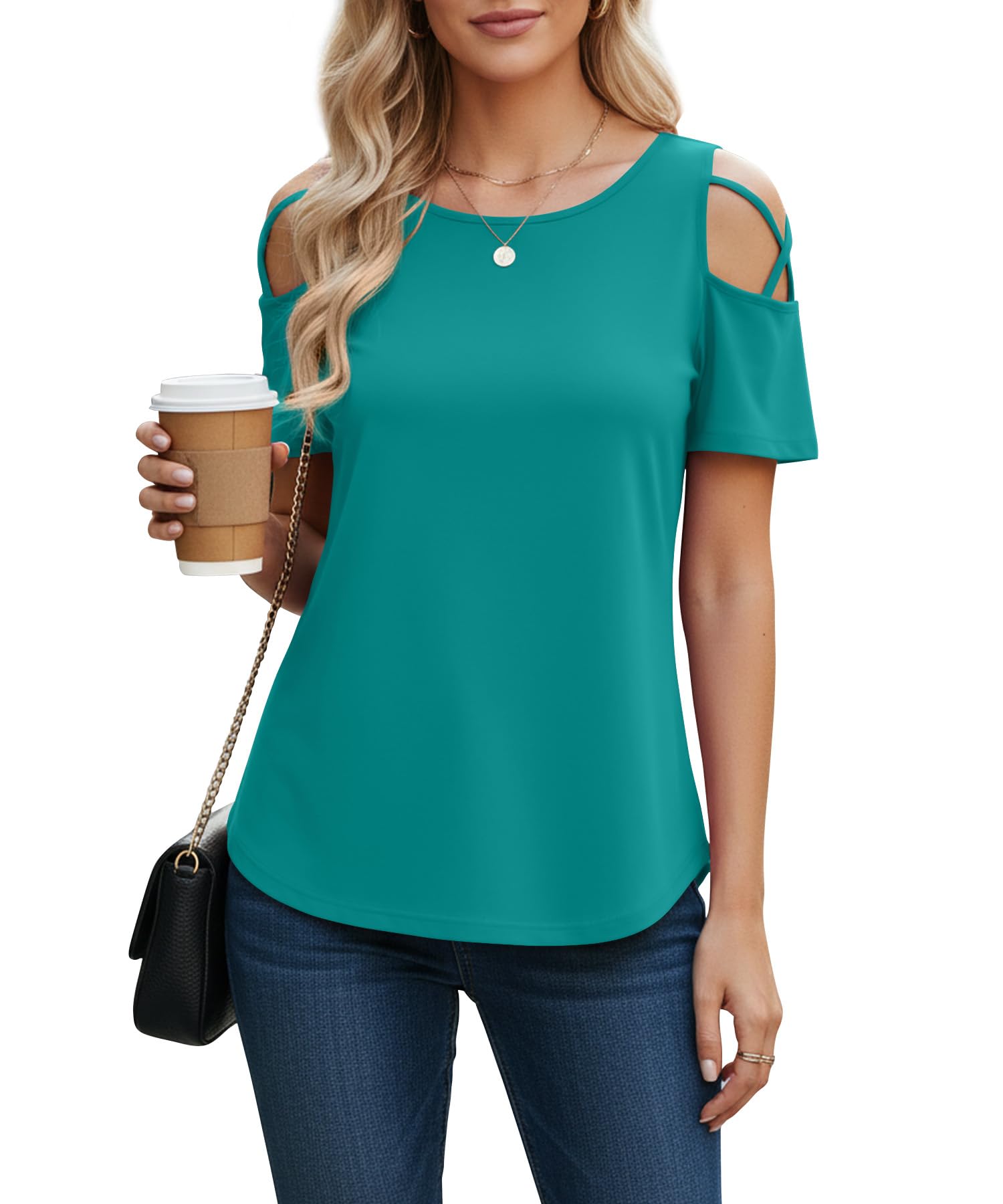 NILOUFO T Shirts for Womens Summer Tops Casual Strappy Cold Shoulder Tops Short Sleeve Blouses Ladies Basic Tunic