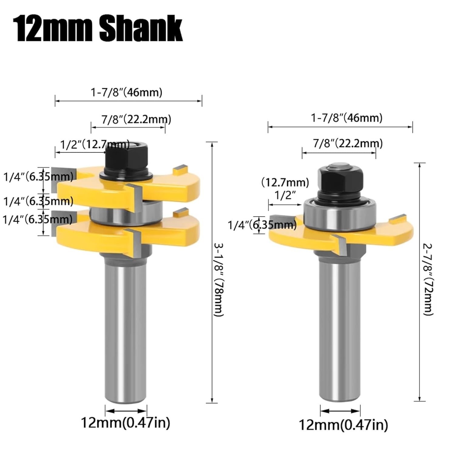 6mm 8mm 12mm 1/4in 1/2in Shank Tongue Groove Joint Assembly Router Bit Set 3/4" Stock Wood Cutting Tool 2Pcs(12mm Shank)