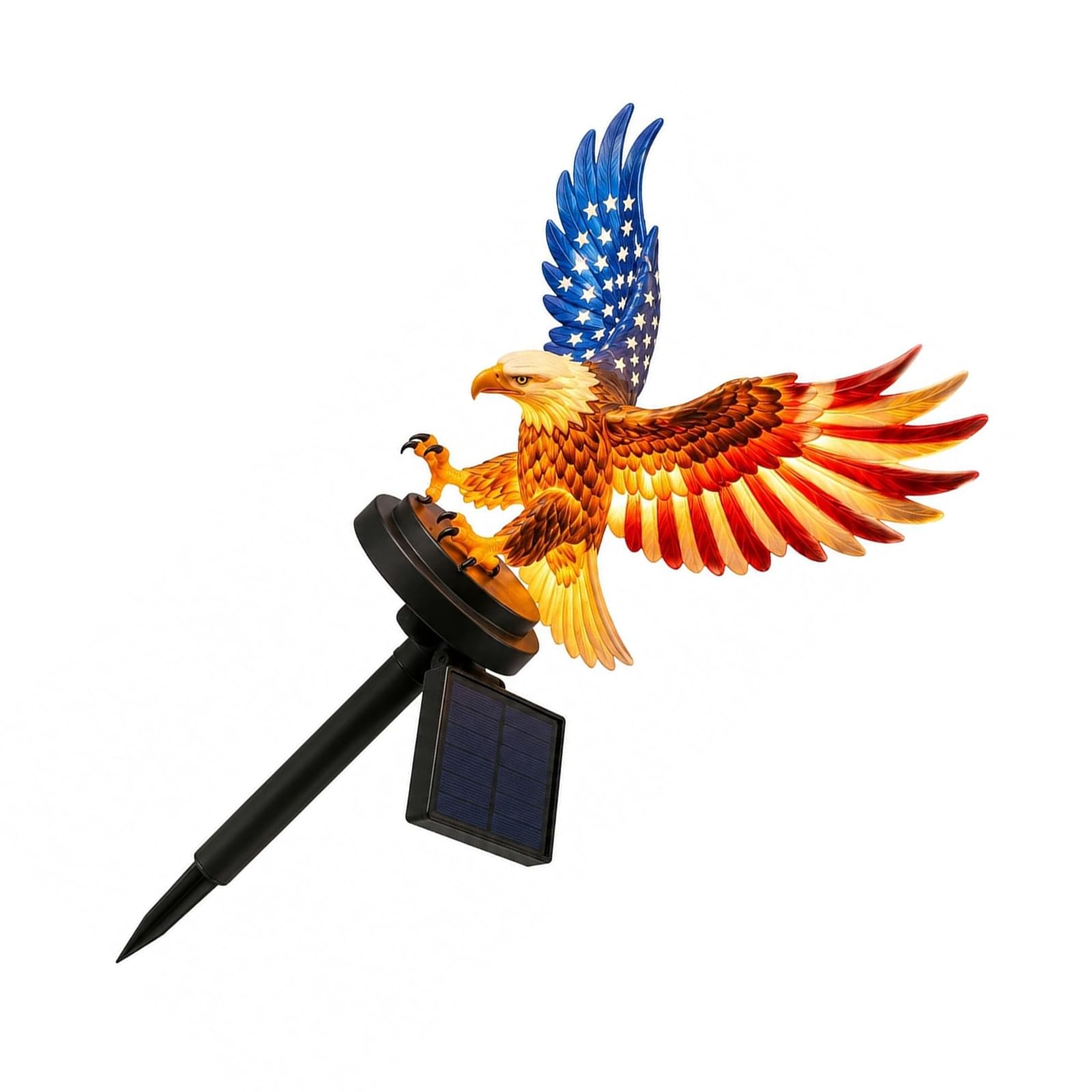 Patriotic Bird Sculpture Stake, Solar Garden Statue with Resin Body, Round Base and Ground Stake for Patio Yard Planter Decor Patriotic Bird Yard Accent Solar Garden Resin Statue Patio Planter Decor