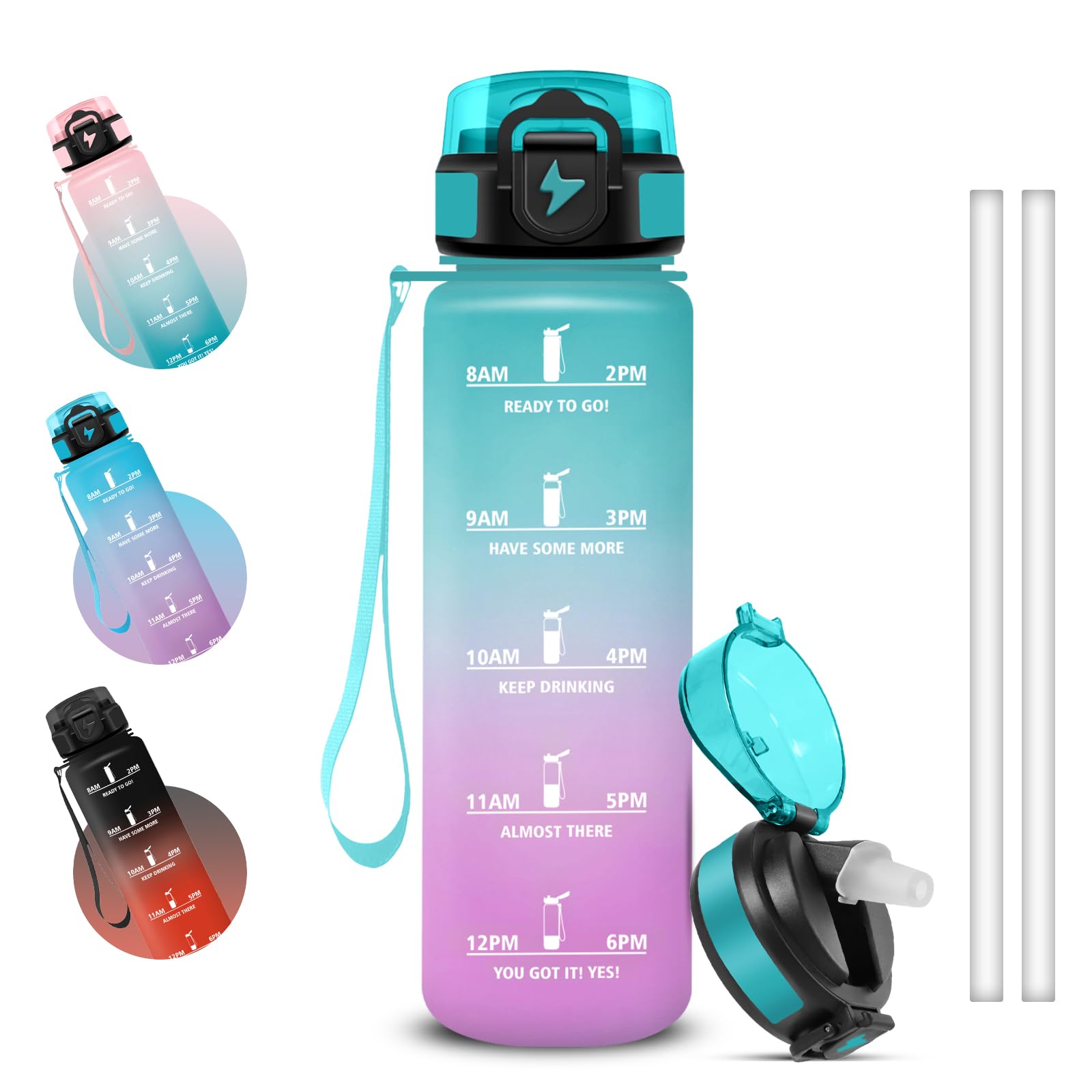 Grsta 1 Litre Motivational Water Bottle with Time Marker, Leakless Gym Water Bottle, Easy Clean Drinking Bottles with Straw for Biking, Hiking, Yoga