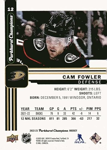 Miniatura 2 de Cartas coleccionables de la base de hockey de la NHL Campeones de Parkhurst #12 Cam Fowler Anaheim Ducks 2022-23