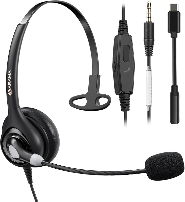 Arama Auriculares de 3,5 mm para micrófono con cancelación de ruido USB-C para PC/iPhone/iPad/Tablet | Auriculares para Celular con micrófono Botón de llamada en línea para trabajar desde casa, call center, funciona con Microsoft Teams, Zoom-Negro