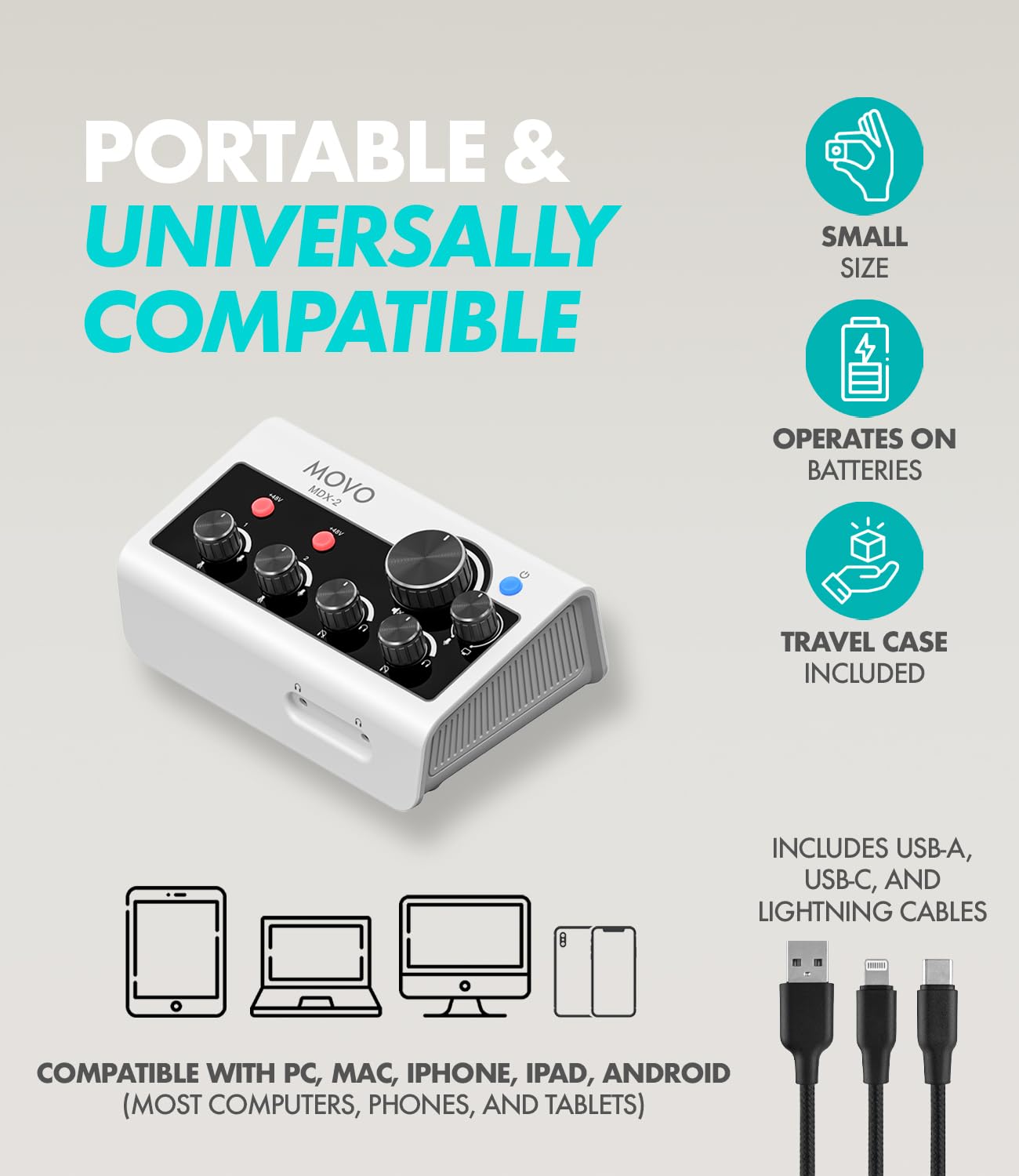 Movo MDX-2 - Interfaz de audio portátil de 2 canales, diseño compacto, funciona con pilas, compatible con PC, Mac, iPhone, iPad y Android, alimentación Phantom de 48 V, USB-A, USB-C y cables Lightning