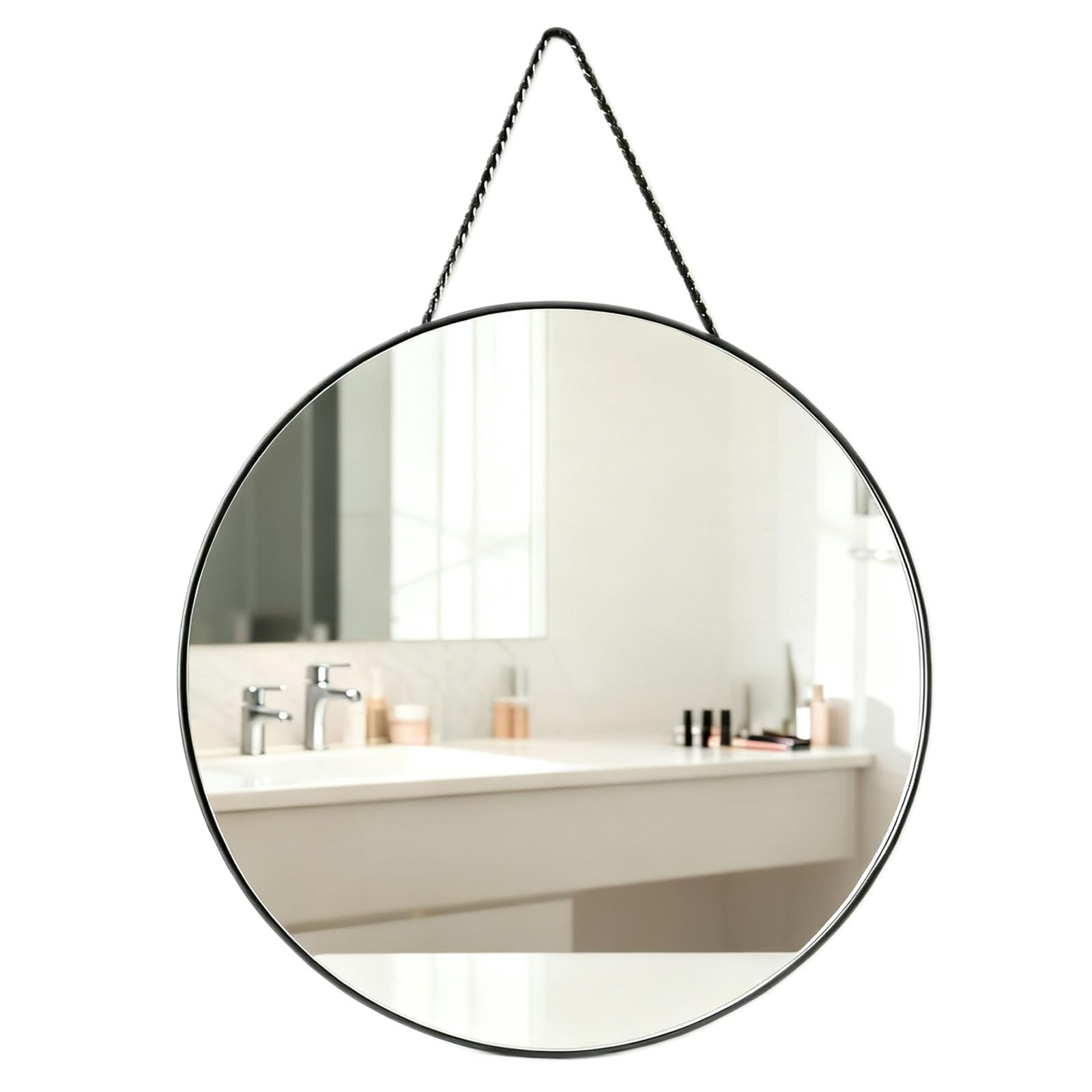 Wall-Mounted Black Round 40CM Vanity Mirrors Hanging Rope Mirror Bedroom Circular Decorative Bathroom Living Room Home Decor