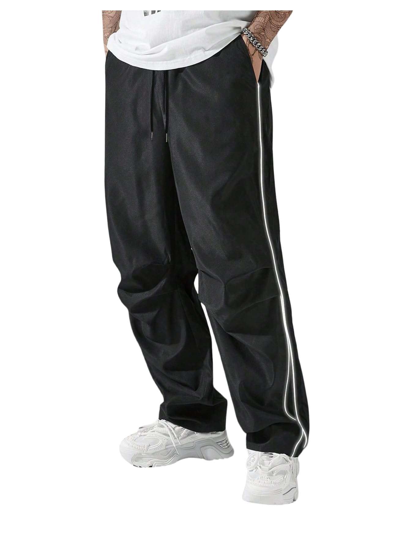 Mens Wide Leg Track Pants Drawstring Waist Sports Athletic Pants Reflective Strip Trousers