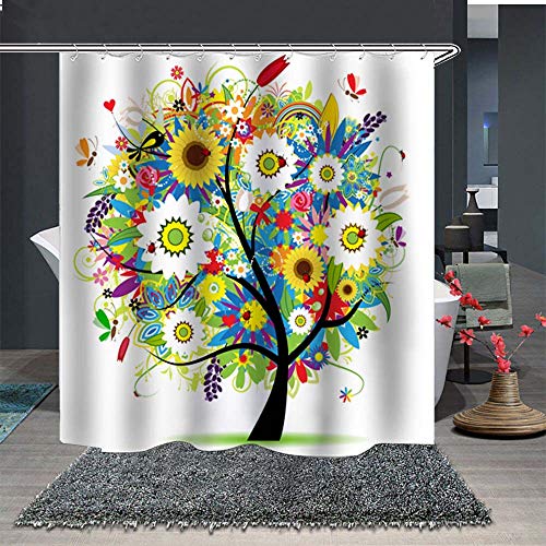 Topmail Cortinas de Ducha en Poliéster Impermeable, Cortina para Baño Bañera con 12 Ganchos Antimoho, Árbol Multicolor 180x180cm