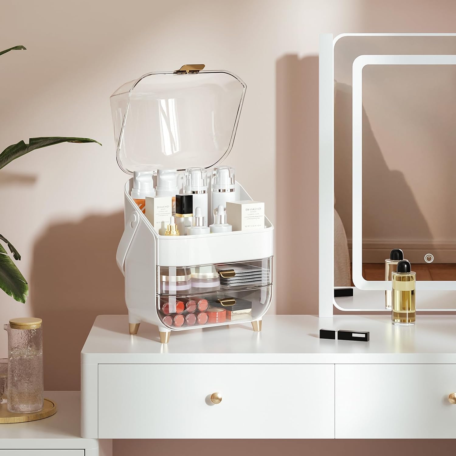 Organizador de maquillaje, organizador para el cuidado de la piel con tapa y cajones, organizador de encimera de baño, almacenamiento de maquillaje, vitrina grande para tocador, encimera de