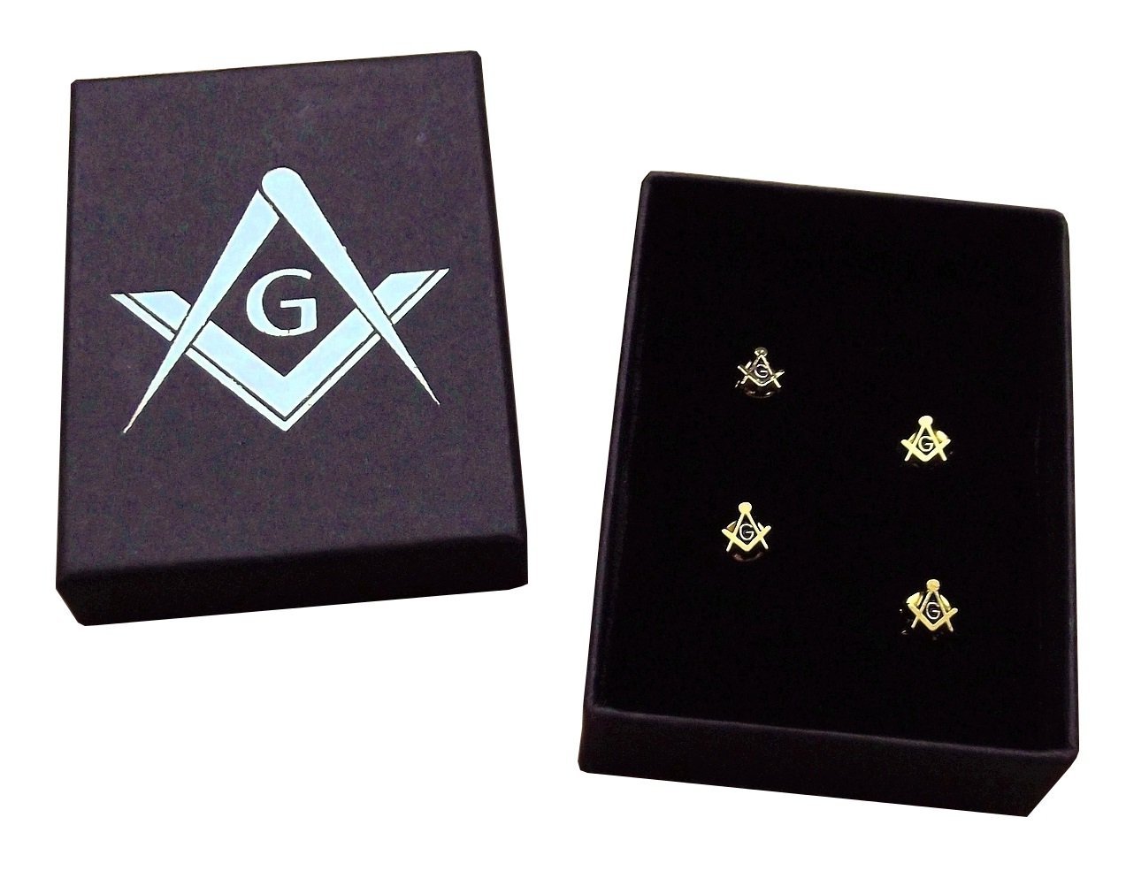 (4x) TINY Masonic 5mm Pin Badge + Embossed Gift Box/Gold Plated Square & Compass G, Lapel Gift