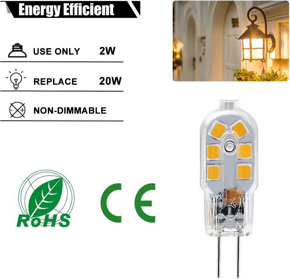 G4 LED Bulb, 20W Halogen Bulb Replacement, 2 Watt G4 Bulbs Bi-Pin Base, AC/DC 12 Volt Warm White 3000K, Non-Dimmable, 10-Pack