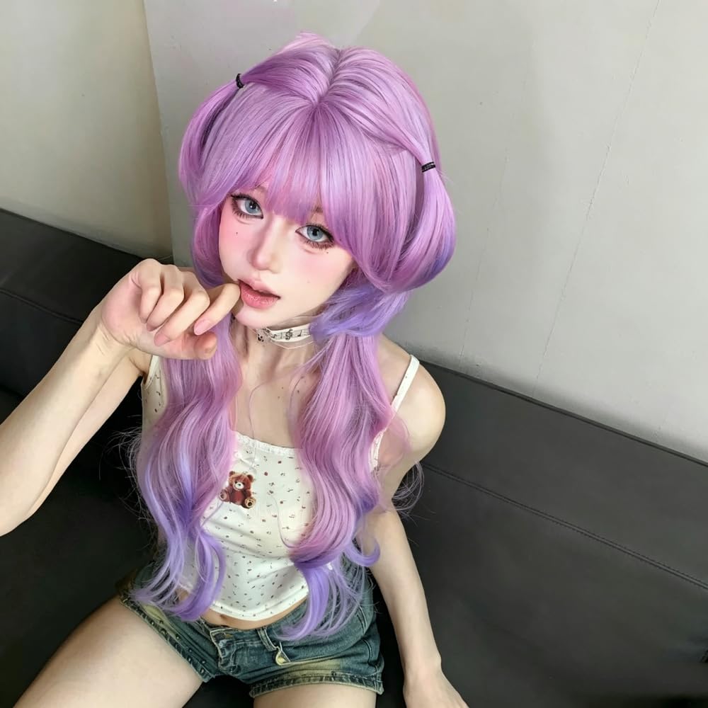 Haarpflege 28 Zoll Verträumter Stil Rosa Lila Farbverlauf Perücken Mit Pony Lange Natürliche Gewellte Haarperücke Für Frauen Cosplay Hitzebeständig