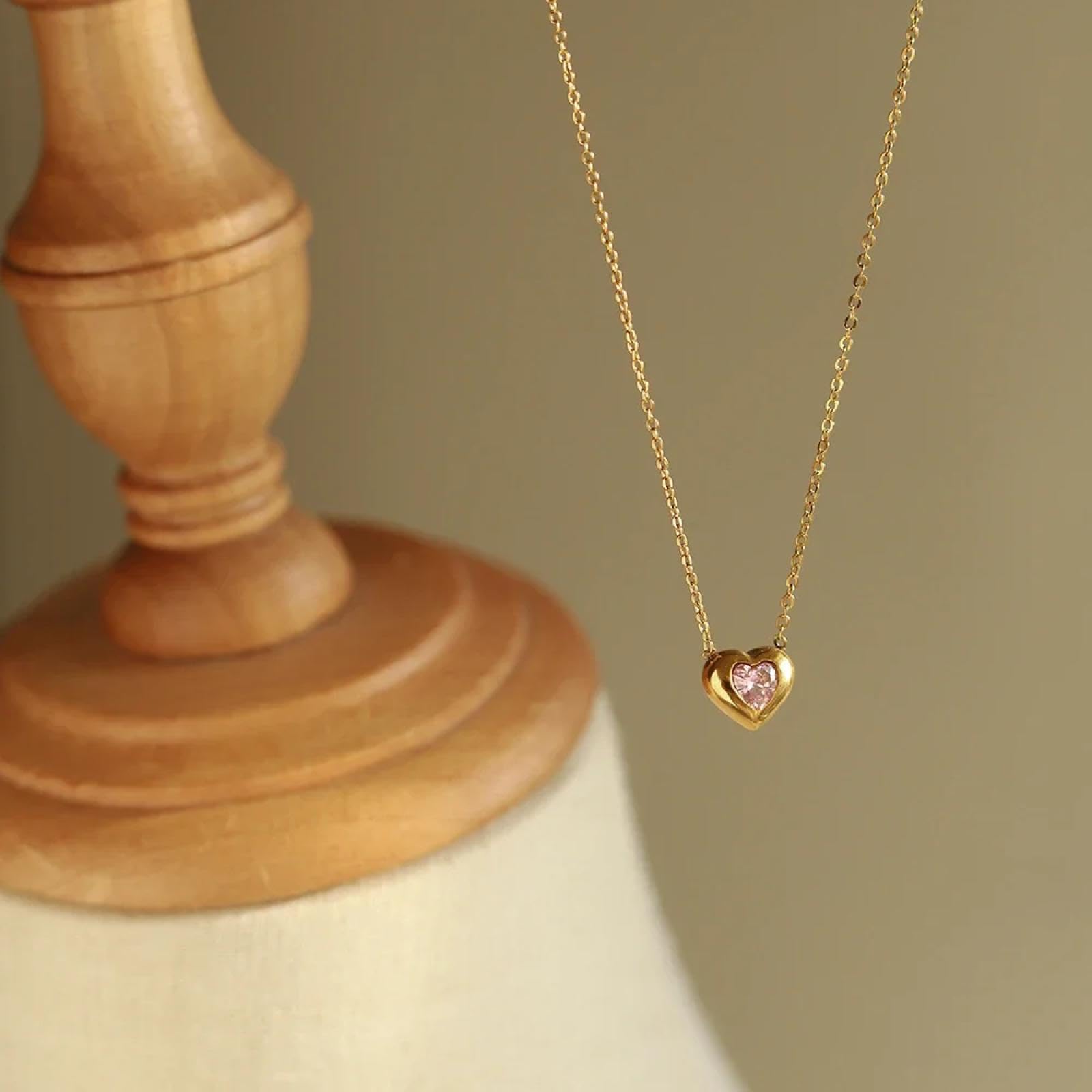 Mini collana con ciondolo a forma di cuore, rosa, grazioso, da donna, gioiello per amore