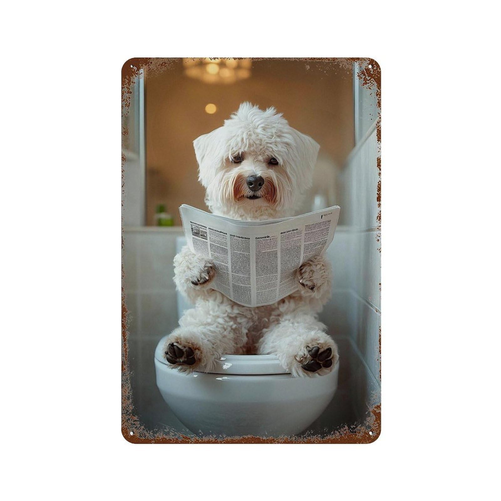 xiaoxiaoshen Dog Reading Newspaper on Toilet Wall Decor Art Metal Tin Poster Modern Home Decor Art Home Bar Shop Decorations Vintage Sign 30x20cm