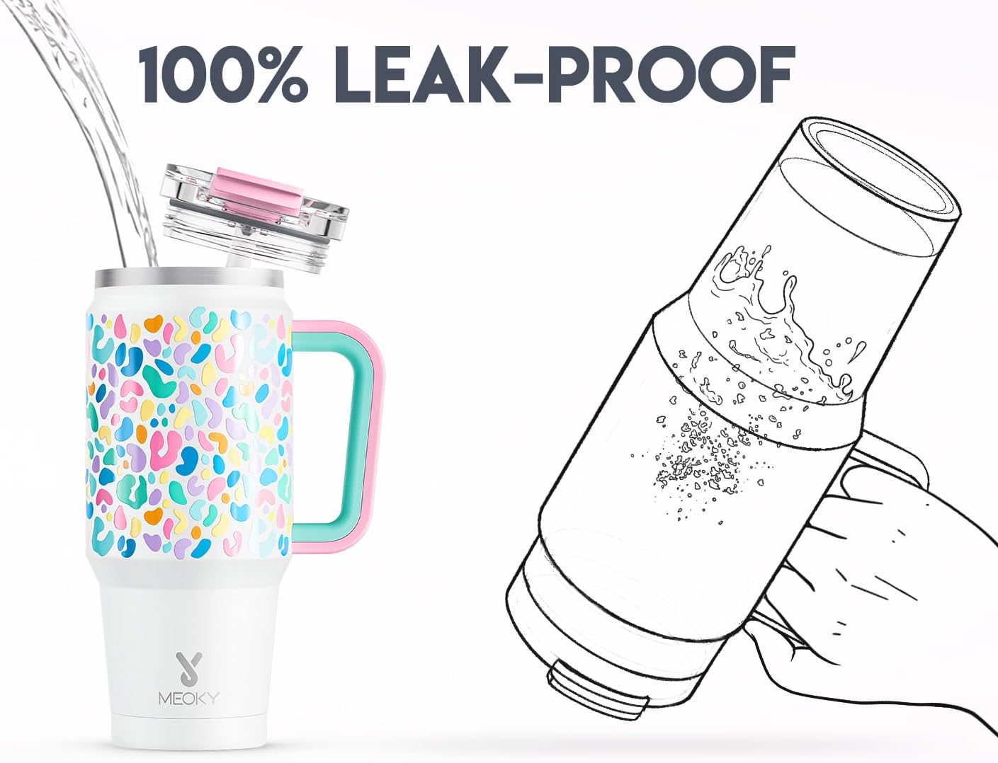 Meoky 32 oz Tumbler with Handle, Insulated Tumbler with Lid and Straw, Stainless Steel Travel Mug, Keeps Cold for 24 Hours, 100% Leak Proof, Fits in Car Cup Holder (Leopard) - Image 3