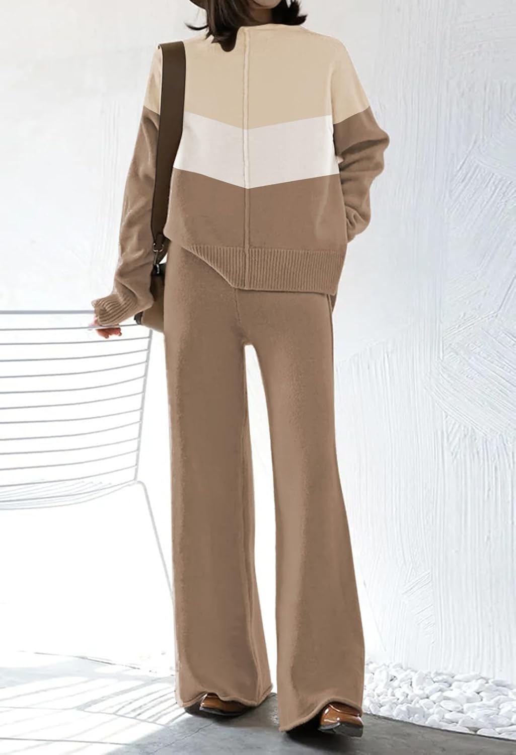 Fixmatti Women's Sweater Set High Neck Long Sleeve Top and Wide Leg Pant 2 Piece Lounge Set