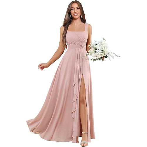 Chiffon Bridesmaid Dress for Women - Square Neck A Line Pleated Slit Formal Evening Dress with Pockets