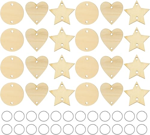 Gadpiparty Juego de 240 piezas de mini manualidades de madera con agujeros y clips de anillo círculos de madera etiquetas de pentagrama de madera