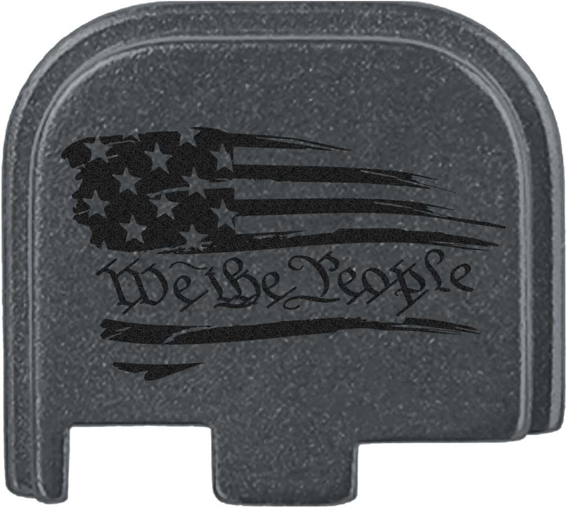 NDZ Performance Slide Cover Back Plate for Glock 43 43X 48 & PSA Dagger Micro – Aluminum Upgrade with Black Engraving – We The People Flag – Gray
