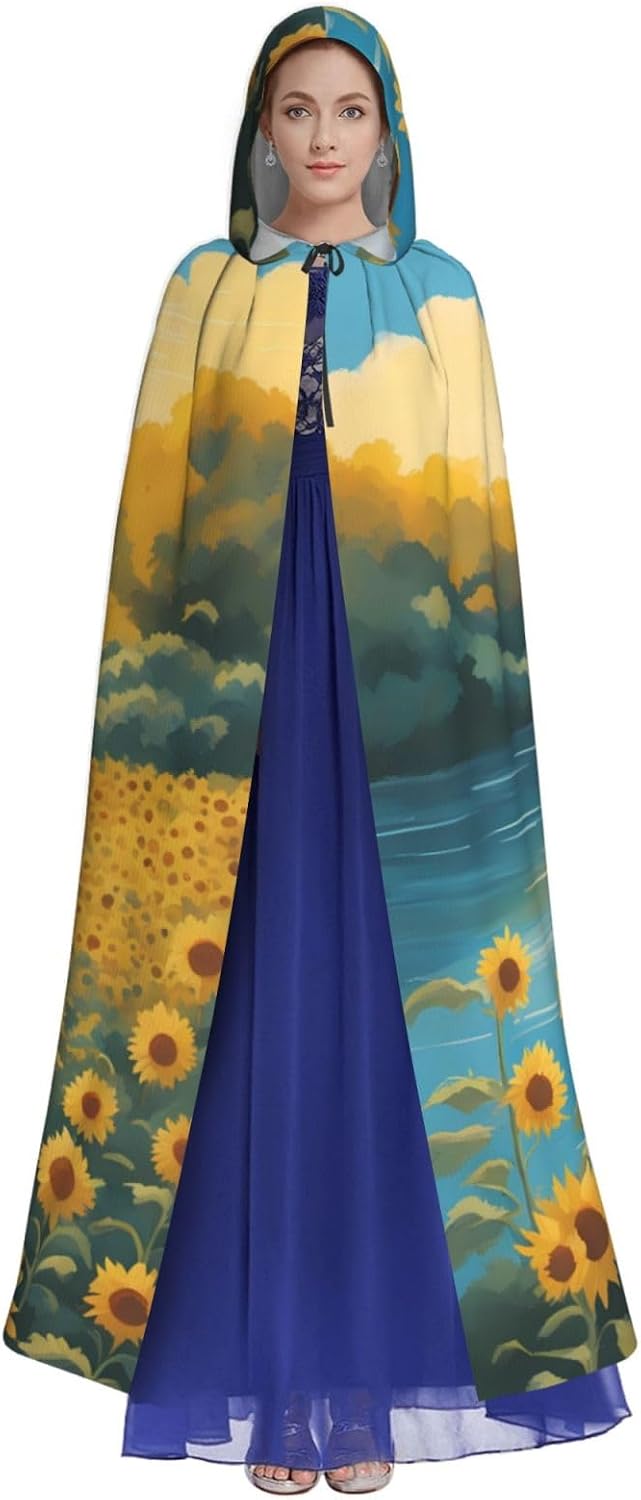 Unisex Full Length Hooded Halloween Christmas Party Robe Cloak Cape Cosplay Costume Men Women Beautiful Sunflower Prints Black